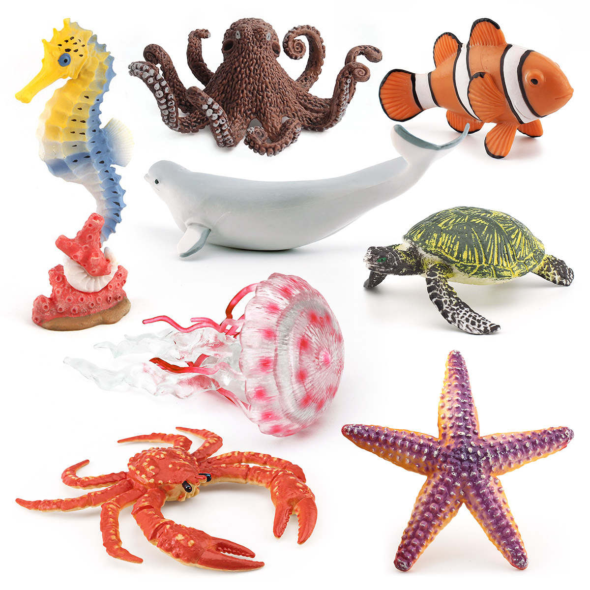 Cross-border simulation model ornaments featuring beluga whales, sea turtles, clownfish, seahorses, octopuses, jellyfish, king crabs, and starfish—marine life replicas for display