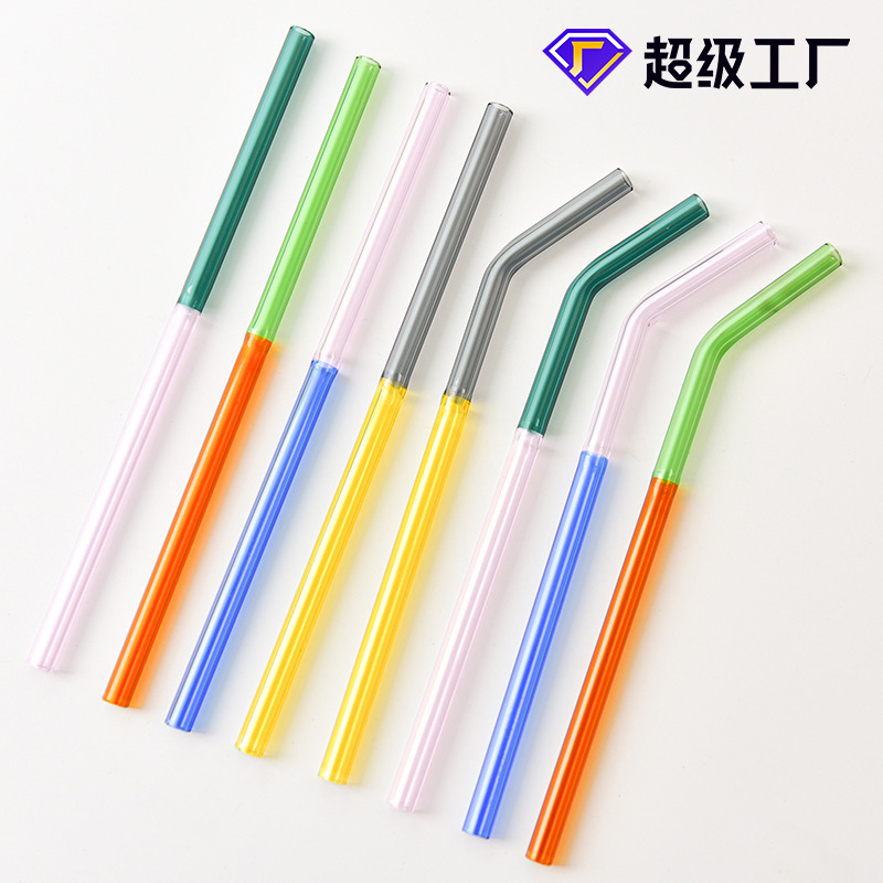 Paja de vidrio de color creativo resistente al calor recto curvado jugo bebida doble color café paja