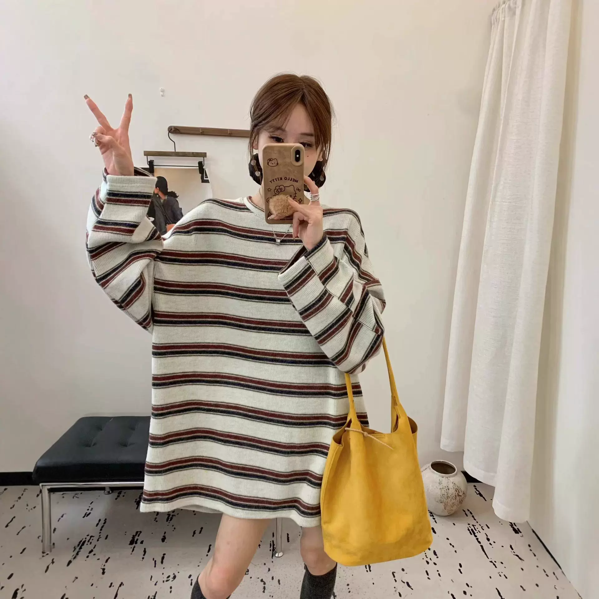 冬季加厚减龄条纹慵懒风中长款大码胖mm200斤休闲长袖T恤女打底衫