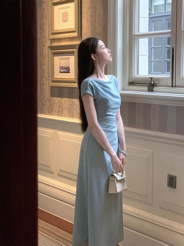 气质知性简约短袖连衣裙女夏季修身显瘦长短款裙子|undefined