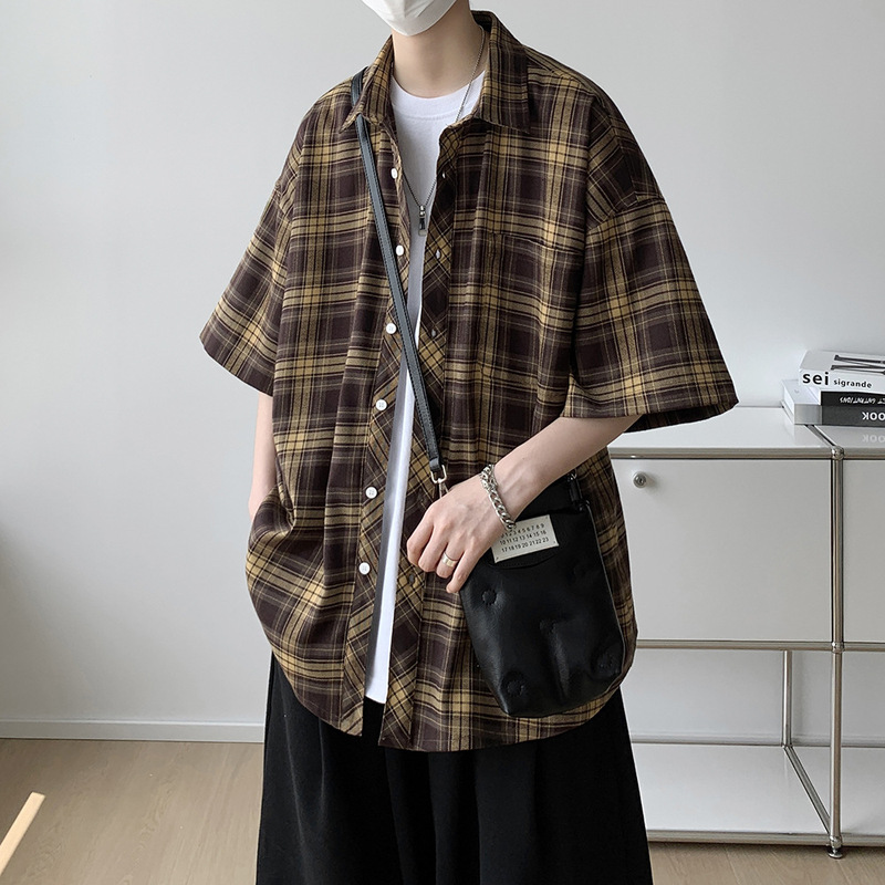 Plaid Short-sleeved Shirt Men's Summer Japanese Style Retro Loose Casual Half-sleeved Shirt American Style High Street Fashion Brand Jacket Plaid Short-sleeved Shirt Men's Summer Japanese Style Retro Loose Casual Half-sleeved Shirt American Style High Street Fashion Brand Jacket