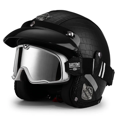 Helmet for Men and Women, Motosiklet dəbilqələri - m-crocodile-pattern-black-black-and-white-striped-large-frame-goggles-free-hat-brim-face-towel