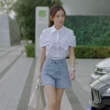 杨颖尹亦可明星同款衣服2023夏新条纹拼接衬衫上衣+蓝色牛仔短裤