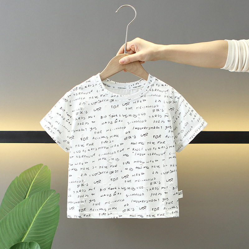 7831 Camiseta de manga corta de verano para niños 2025 Nuevo estilo de verano para niños Tops de media manga ropa coreana para bebés