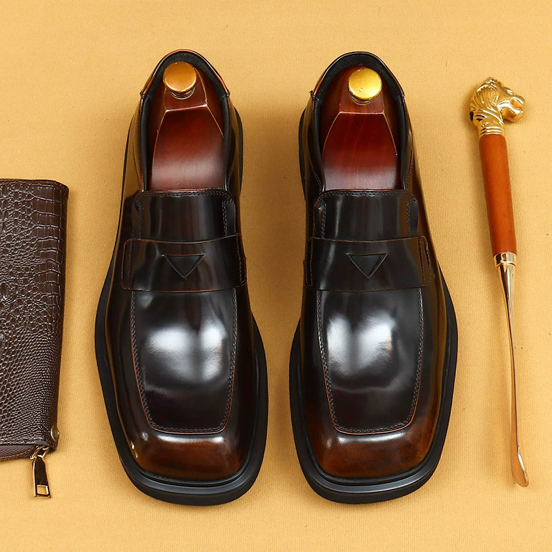 [Специально для vip] Толстая подошва с яркими и большой кожаными туфлями мужская квадратная голова черная деловая повседневная педаль Lefu