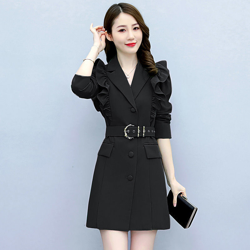 Damenbekleidung Herbst und Winter Professionelle Langarm Schlanke Temperament Taille Promi Einfarbige Windjacke für Frauen_voghion.com