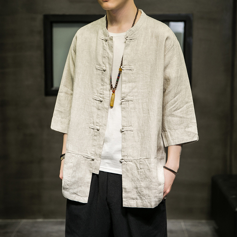 Spring and Autumn New Chinese Style Cotton and Linen Vertical Collar Button Shirt Men's Retro Zen Half Sleeve Casual plus size Shirt Spring and Autumn New Chinese Style Cotton and Linen Vertical Collar Button Shirt Men's Retro Zen Half Sleeve Casual plus size Shirt