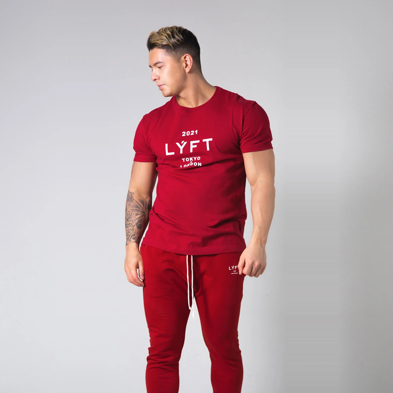 LYFT2021 Summer Fitness Short-sleeved Men's Cotton Loose Sports Large Size Round Neck Solid Color Top Trendy