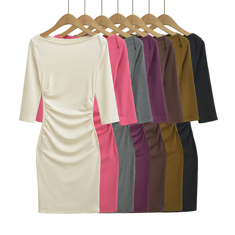 Pure Desire Style Boat Neck Mid-Sleeve Pleated Waist-Hugging Bodycon Dress, Autumn New Slim-Fit Solid Color Short Dress for Hot Girls Pure Desire Style Boat Neck Mid-Sleeve Pleated Waist-Hugging Bodycon Dress, Autumn New Slim-Fit Solid Color Short Dress for Hot Girls