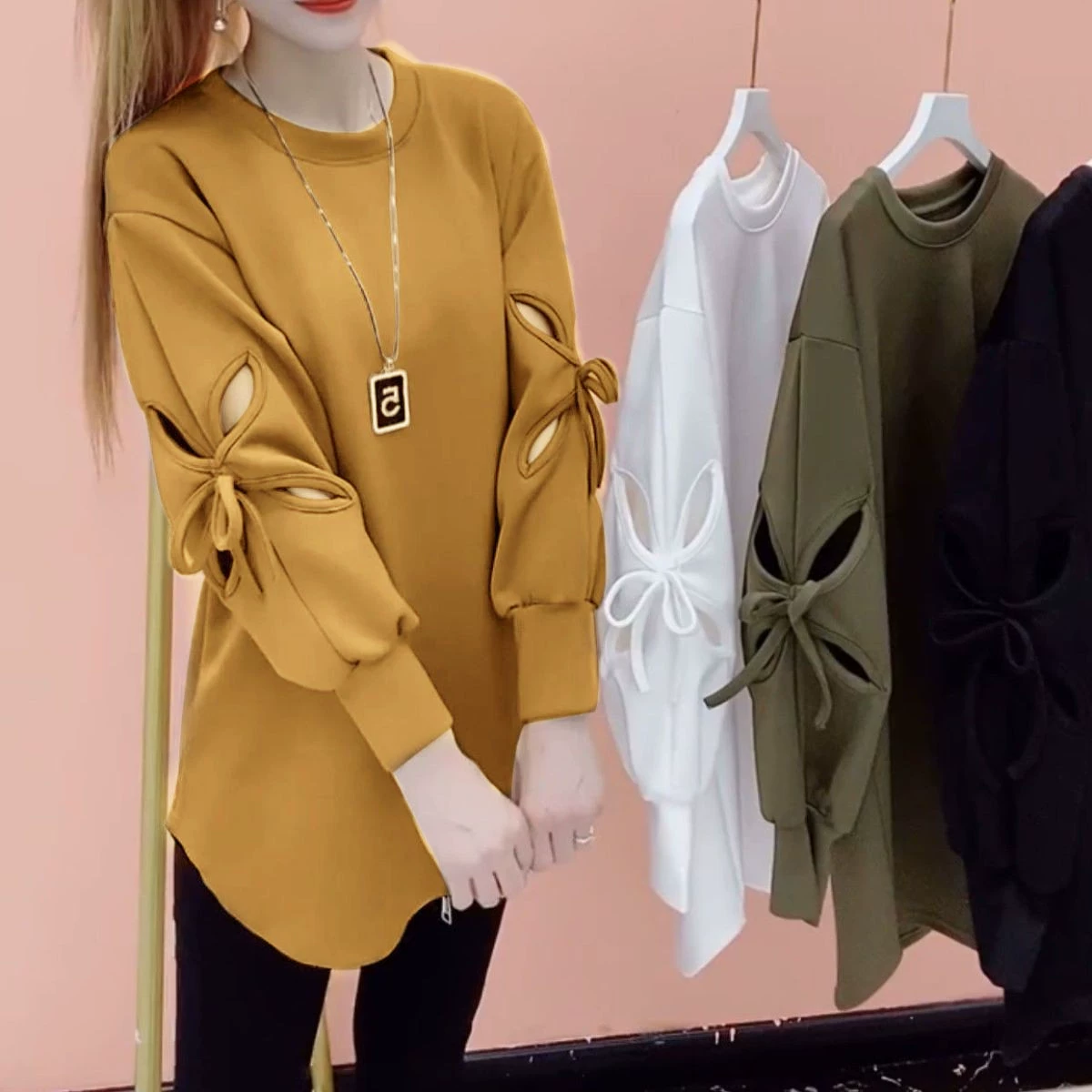 Женские тонкие топы в корейском стиле, весна-осень 2025, повседневные, модные, с бантом на рукаве, для работы и повседневной носки