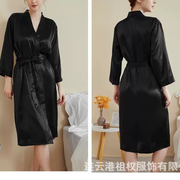 性感冰丝睡袍黑色系带睡衣家居服跨境亚马逊长款透气女式酒店浴袍