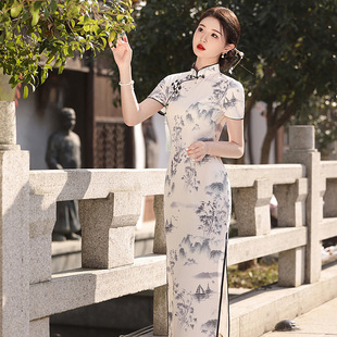 Princess Jin spring new high-grade ink style short sleeve slim stand collar elegant long cheongsam