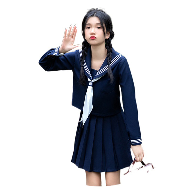 Authentic JK Uniform - Complete Set of Pleated Skirt and Sailor Suit in Navy Academy Style for Spring and Autumn Full Indigo Sanben