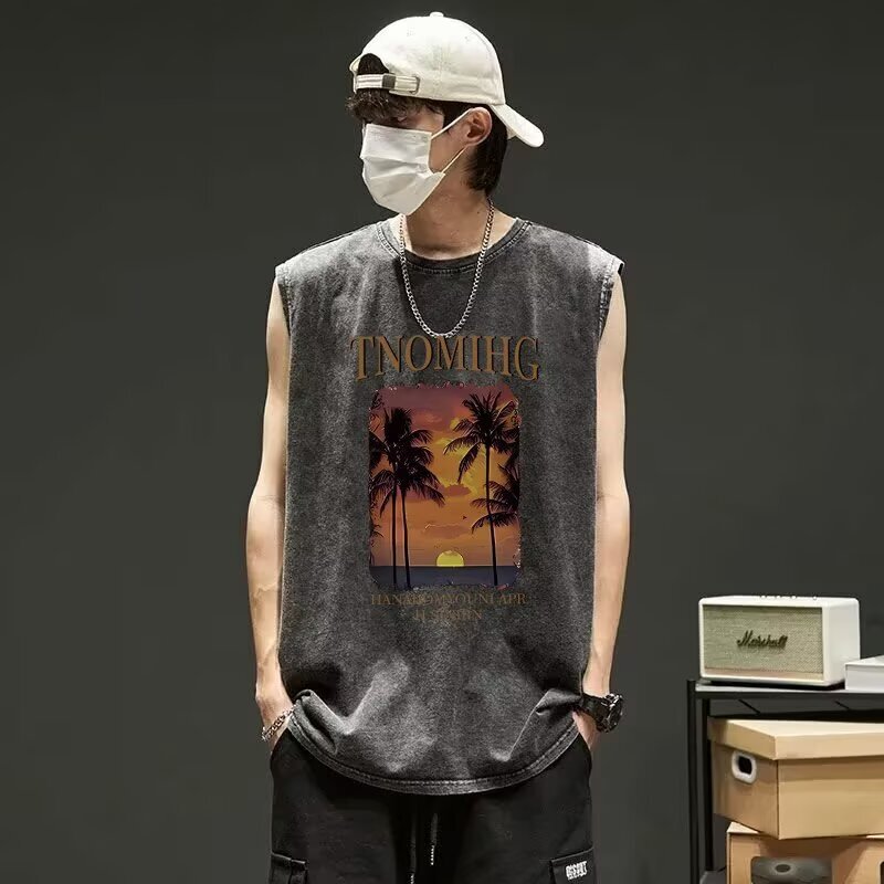 Foreign Trade Hong Kong Style Summer Vest Men's Trendy Brand Milk Silk Washed Old Loose Sports Sleeveless Waistcoat Basketball Top Foreign Trade Hong Kong Style Summer Vest Men's Trendy Brand Milk Silk Washed Old Loose Sports Sleeveless Waistcoat Basketball Top
