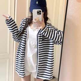 韩系慵懒风撞色条纹长袖开衫外套女春夏秋季宽松休闲百搭防晒上衣