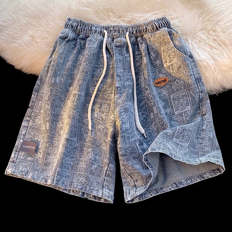 Men's Summer Denim Shorts Trendy Casual High Street Style Thin Loose Fitting Five Point mid Length Pants_viptrois.com
