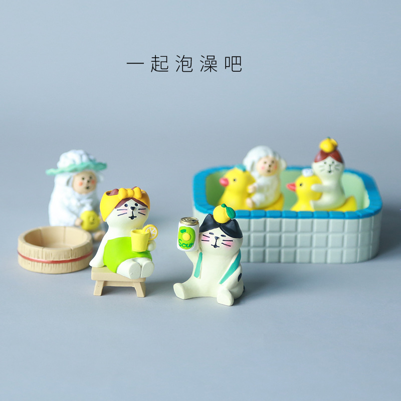 일본 zakka 함께 목욕하기 귀여운 고양이 욕조 작은 노란색 오리 크리 에이 티브 수지 공예 diy 작은 장식품