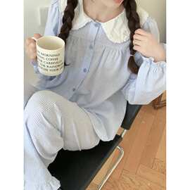实拍2024秋季新款蓝格花边娃娃领长袖长裤家居服格子睡衣套装女