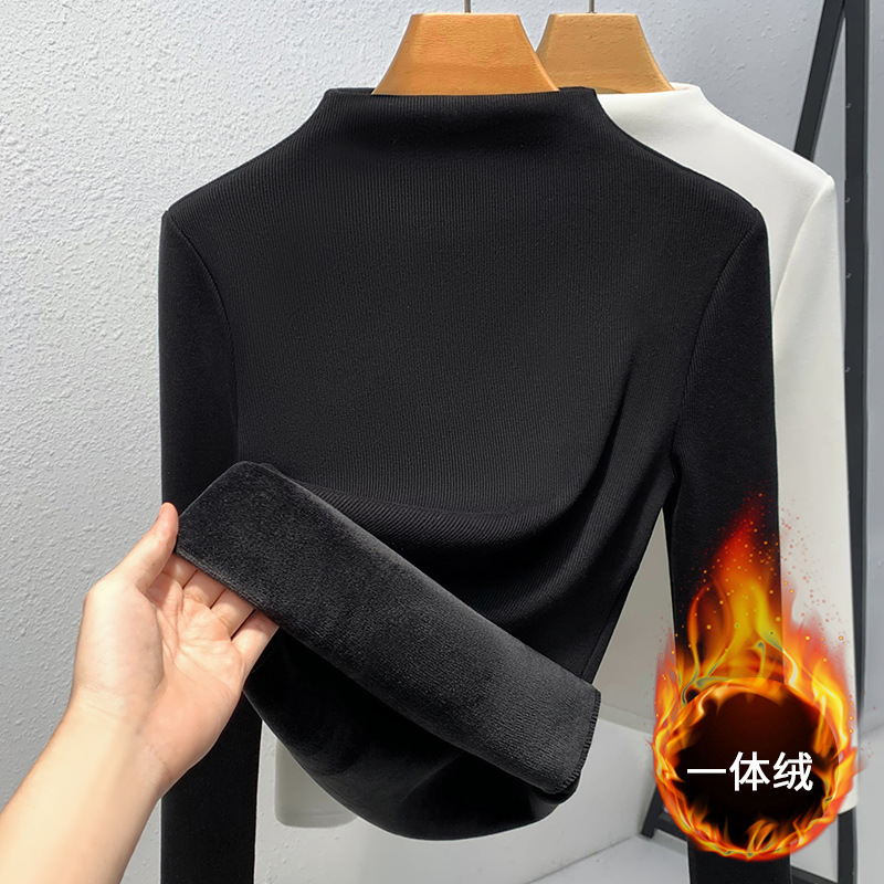 Camiseta de cuello medio alto para mujer, novedad de 2024, ropa de mujer, color sólido, acanalada, con forro polar integrado, capa interior cálida, top grueso con forro polar