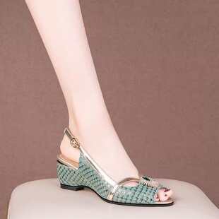 Peep toe sandals women's 2023 Summer new wedge mid heel shoes with buckle green pattern fashion women's shoes