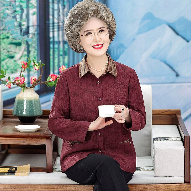 Бабушка одежда весенняя одежда 2024 Новая женская рубашка среднего и пожилого возраста мать с длинным рукавом старая леди весна и осень тонкое пальто