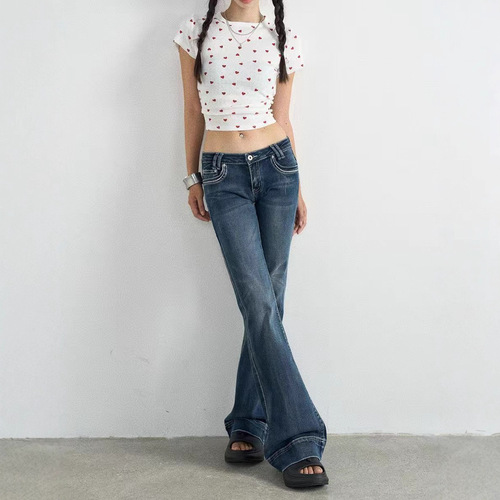 Summer New American Denim Jeans for Women Retro Washed Blue Floor-Length Trendy Stretch Ultra Low-Waist Wide-Leg Pants