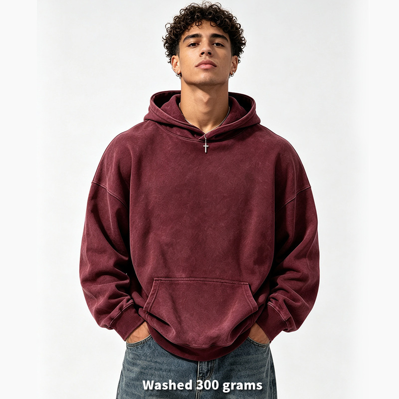 Heavyweight American-style washed hoodie, 300G burgundy distressed hoodie jacket, oversized trendy brand top for cross-border sales Heavyweight American-style washed hoodie, 300G burgundy distressed hoodie jacket, oversized trendy brand top for cross-border sales