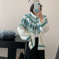 韩国chic秋冬复古撞色提花设计感宽松百搭长袖针织毛衣开衫外套女