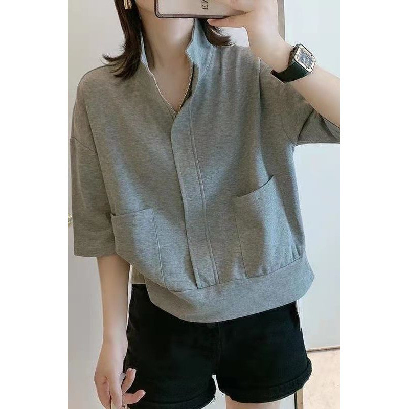 Cotton European Short-sleeved T-shirt Women's 2025 Summer Thin Loose All-match Fashionable Stand Collar Pocket Half-sleeved Top Cotton European Short-sleeved T-shirt Women's 2025 Summer Thin Loose All-match Fashionable Stand Collar Pocket Half-sleeved Top