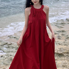 双口袋设计感度假风无袖红色连衣裙女2025新款夏季海边系带长裙子