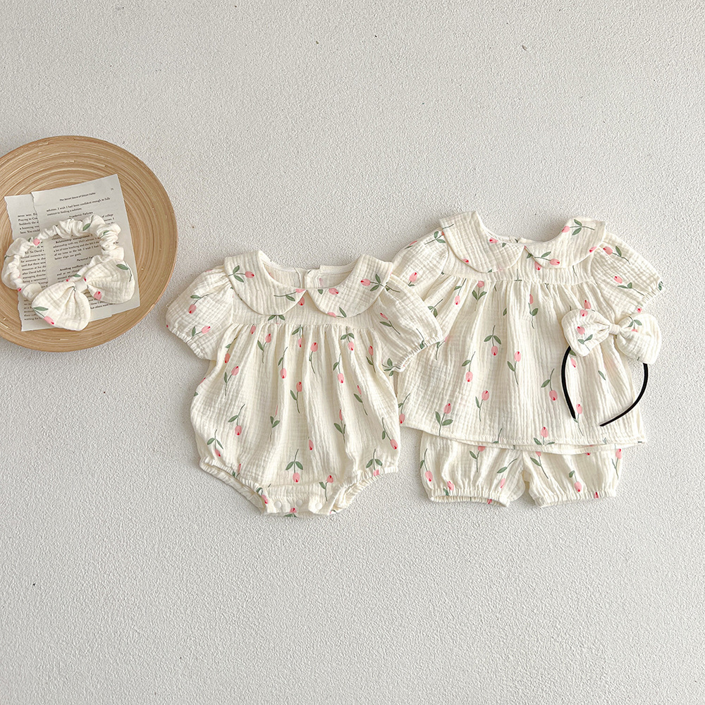 2025 Baby Short-Sleeved Coveralls Summer Gauze Triangle Crawler Jumpsuit Girls Tulip Suit