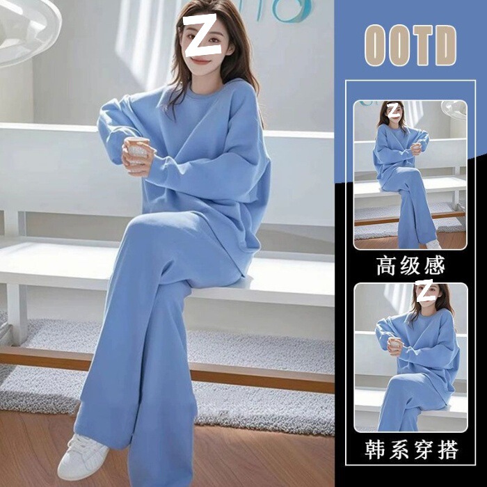 高级感韩系一整套ootd穿搭又a又飒早秋休闲蓝色卫衣套装裤子女士|undefined