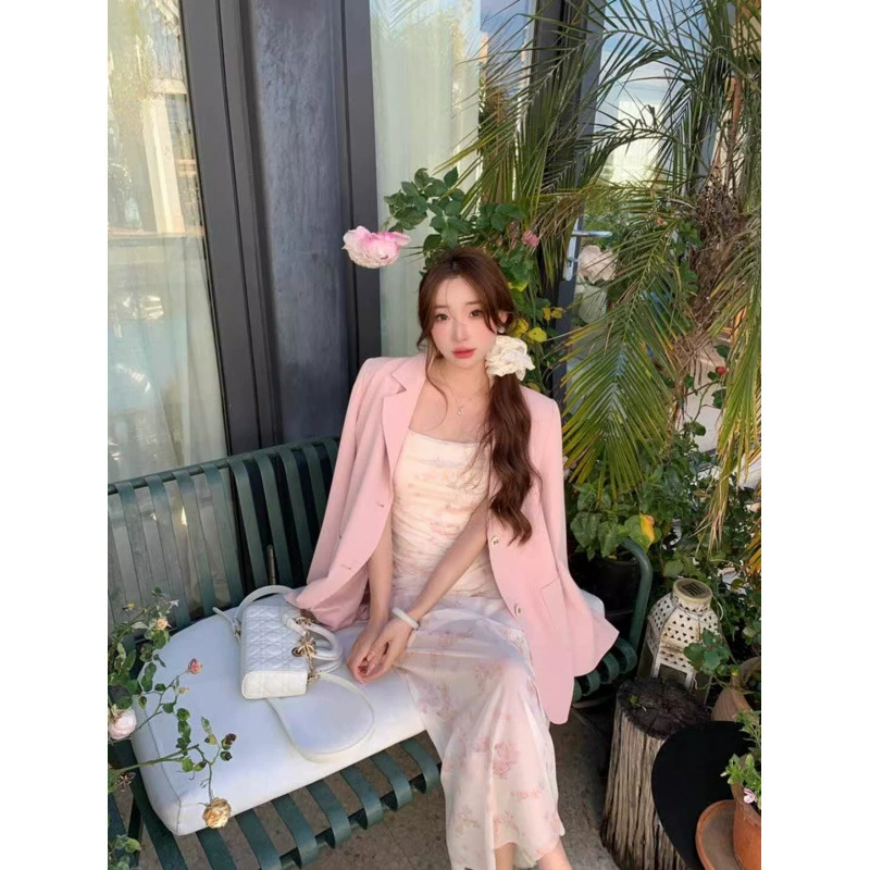 Популярное новое французское романтическое розовое цветочное платье-подвязка для женщин лето 2025, сетчатая талия, разрез, миди-юбка