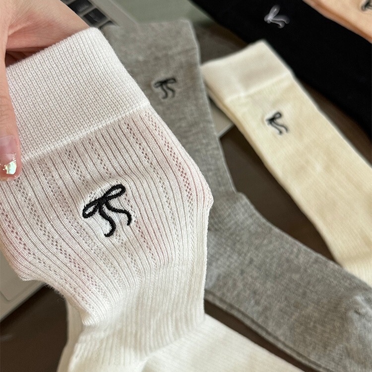 Spring and Summer White Thin Jk Socks Women's Mid-Calf Socks Ballet Style Bow Mesh Pile Socks Pure Cotton Stockings