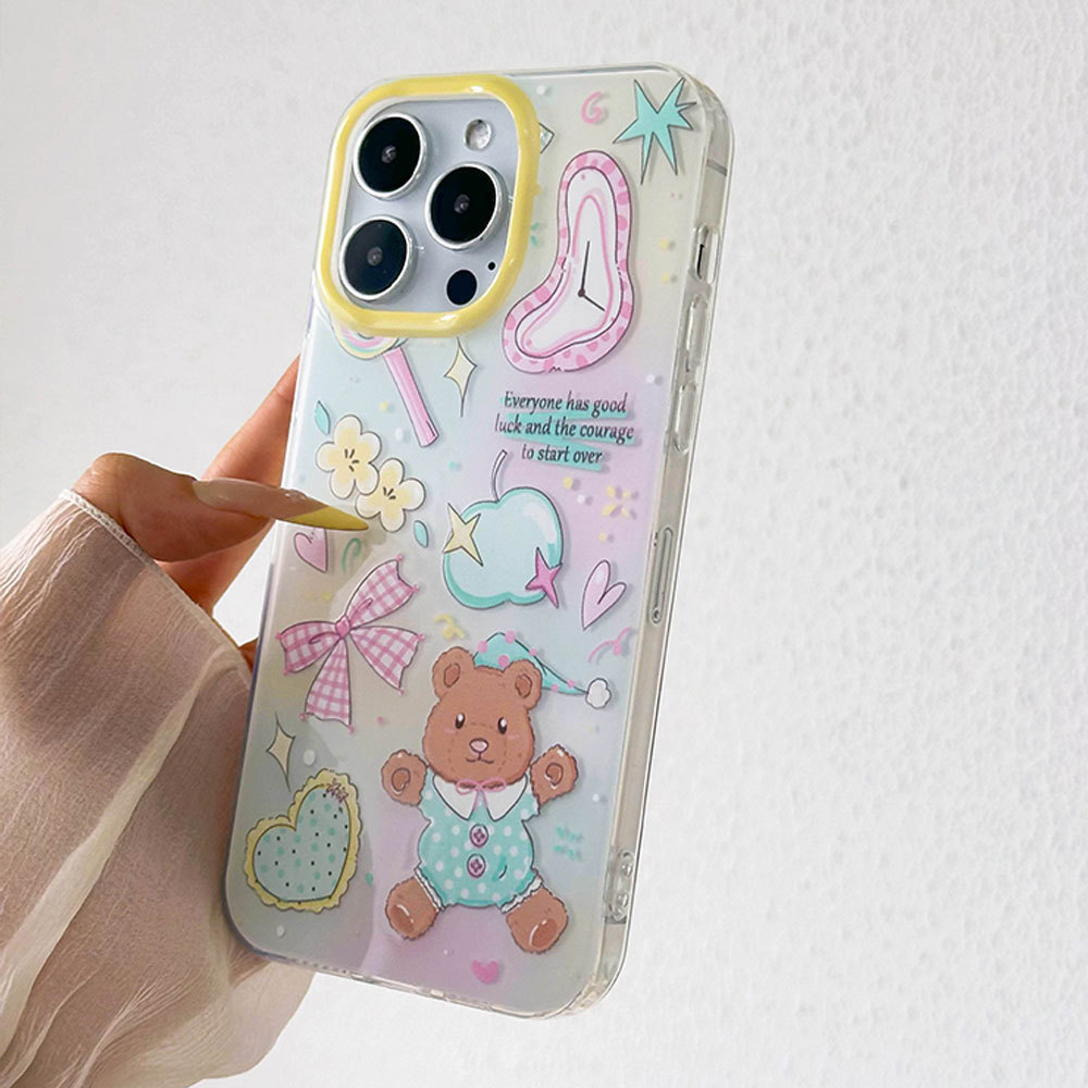 Custodia protettiva con cinturino con fiocco 3C Cartoon Bear compatibile con 16PM Cute 13 Phone Case 15 Pro_voghion.com