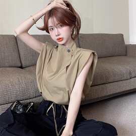 设计感小众立领斜扣短款百搭抽绳卡腰无袖垫肩背心衬衫女洋气衬衣