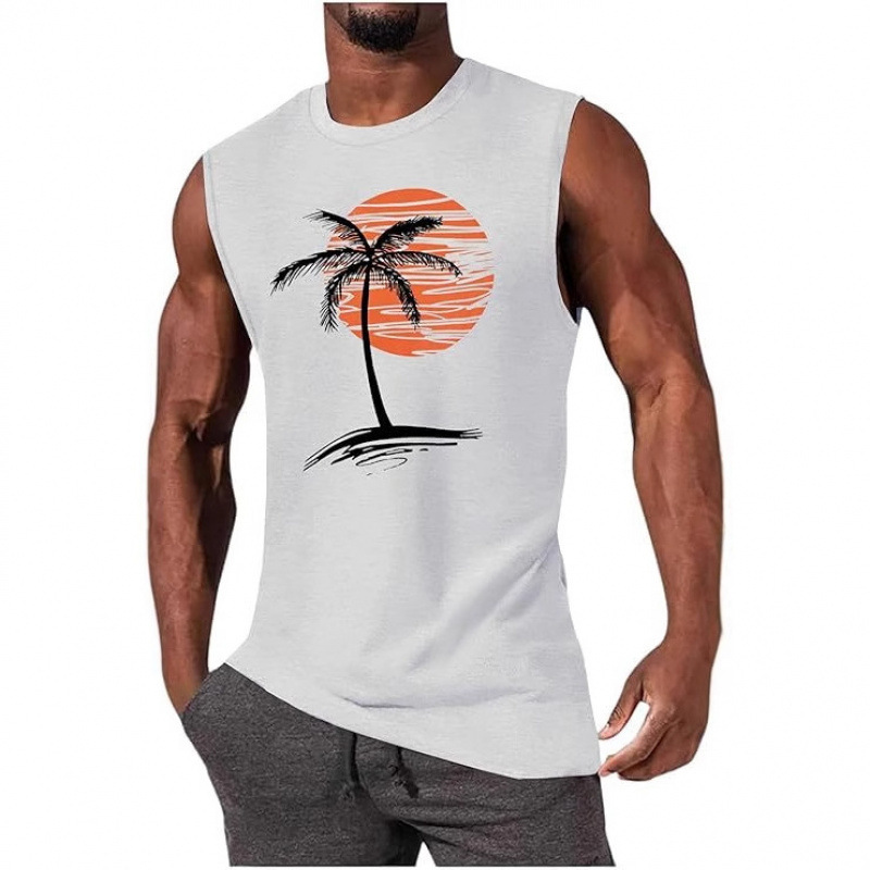 2026 Cross-Border Amazon Men's Vest Muscle Men's Sports Casual Vest Printed Coconut Tree Men's Top T-Shirt