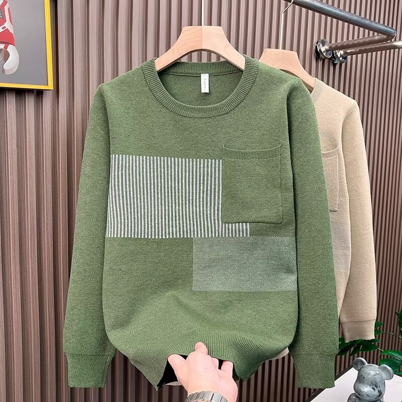 Herren Strickpullover Mit Blockstreifen Und Rundhalsausschnitt_voghion.com