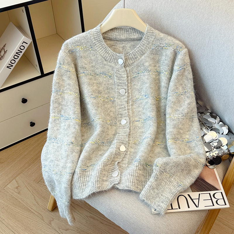 Invierno y otoño suéter fragrante color rayas dulces camisetas de punto para mujeres suaves cardigans versátiles chaqueta
