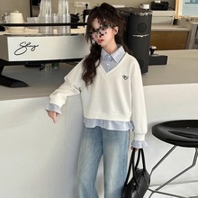 拼接学院风2025女童卫衣春季假两件时尚新款衬衫领儿童中大童洋气
