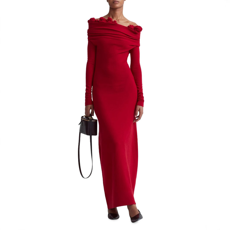 European and American Cross-border Explosions off-shoulder Long Dress Three-dimensional Flower Decorative Slim Dress Elegant Elegant Evening Dress