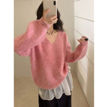 木四 100%全羊毛高级感拉绒针织衫女慵懒风无缝一体保暖毛衣M6660