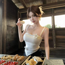 夏季修身内搭不规则辣妹外穿短款绝美上衣立体花朵白色吊带背心女