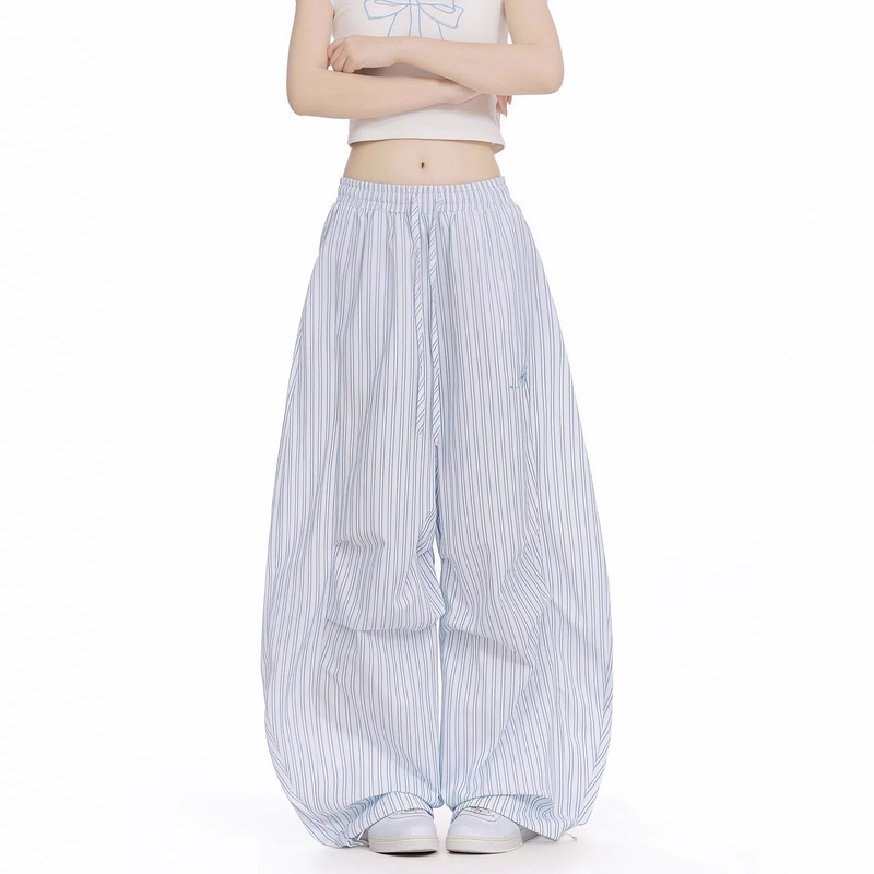 Japanese-Style Sweet Cool Rhinestone Striped Sweatpants for Women, Loose Wide-Leg Pants with Drawstring Cuffs, Casual Pants, Jazz Dance Sports Pants