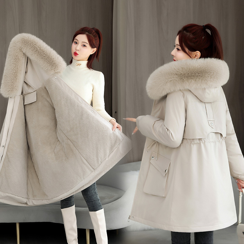 2025 invierno nuevo espessado para superar la cintura femenina delgada con capuzas cuello de cabello grande una chaqueta de algodón de terciopelo de moda