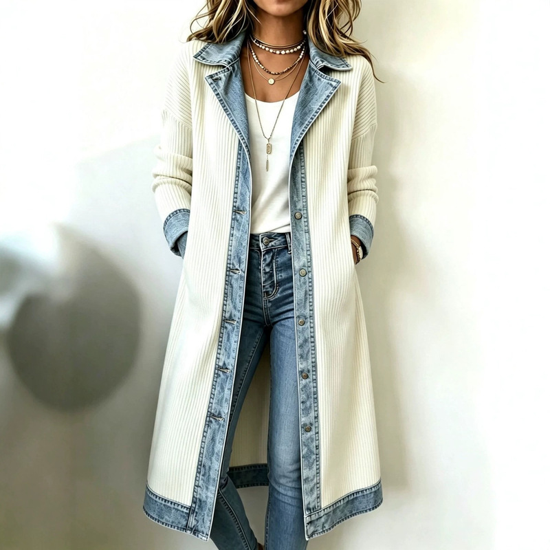 2026 European and American cross-border denim lapel knit patchwork long coat loose drop-shoulder faux two-piece cardigan coat