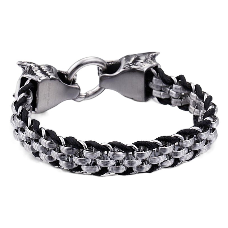 Moda punk estilo joyería de acero inoxidable doble Lobo cabeza anillo hebilla titanio acero tejido rombo hombres pulsera transfronteriza suministro