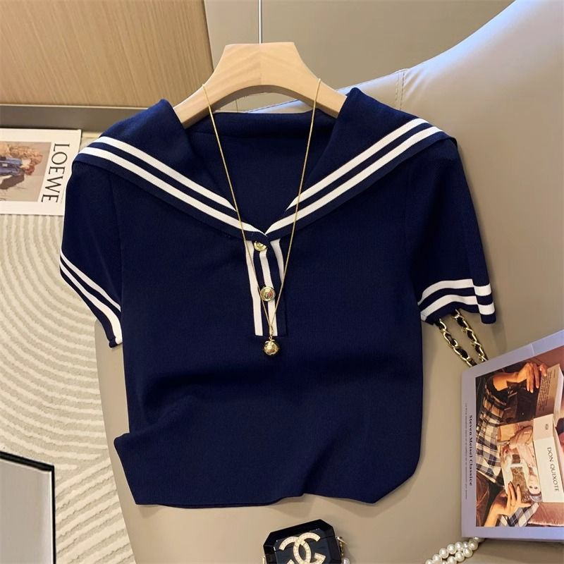 Short-Sleeved T-Shirt for Women 2025 Summer New Bottoming Shirt for Women Navy Collar Versatile Tops for Women