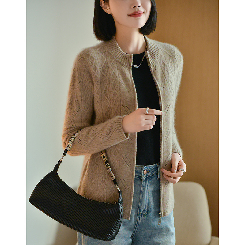 Autumn and winter 2024 new pure wool stand collar knitted cardigan heavy twisted hollow soft waxy zipper jacket