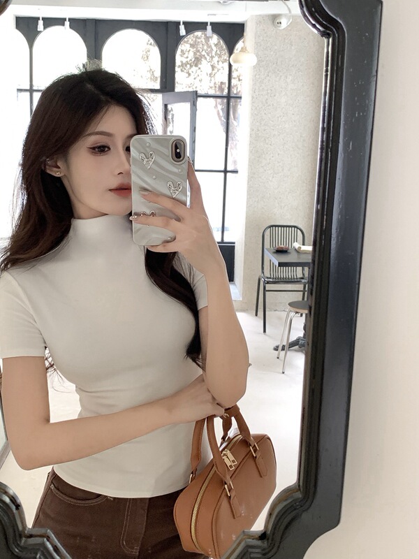 秋季女款上衣半高领加绒打底衫高弹修身显瘦基础款内搭短袖T恤|undefined